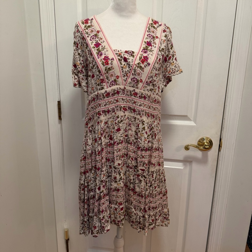 Patrons of Peace Floral Boho Mini Dress Large Cottagecore Empire Waist